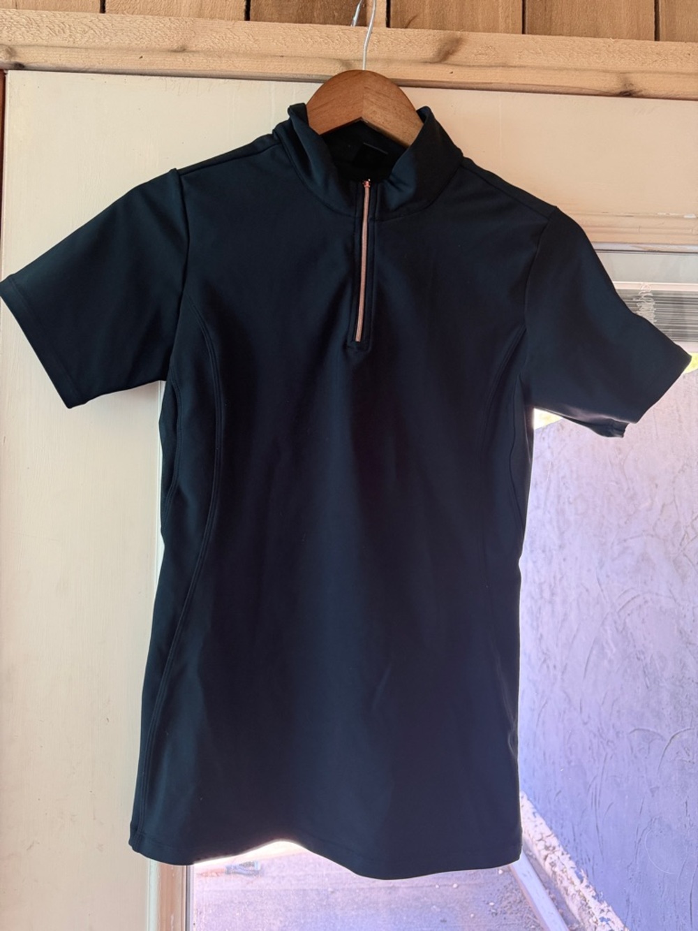 Short-Sleeve Zip Mock Neck Performance Top - Black & Rose Gold - equestrian